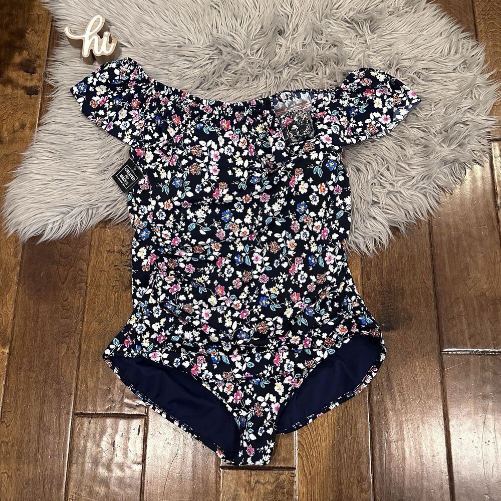 Swim Solutions Off The Shoulder Tummy Control Swimsuit Size 22W Floral Blue New